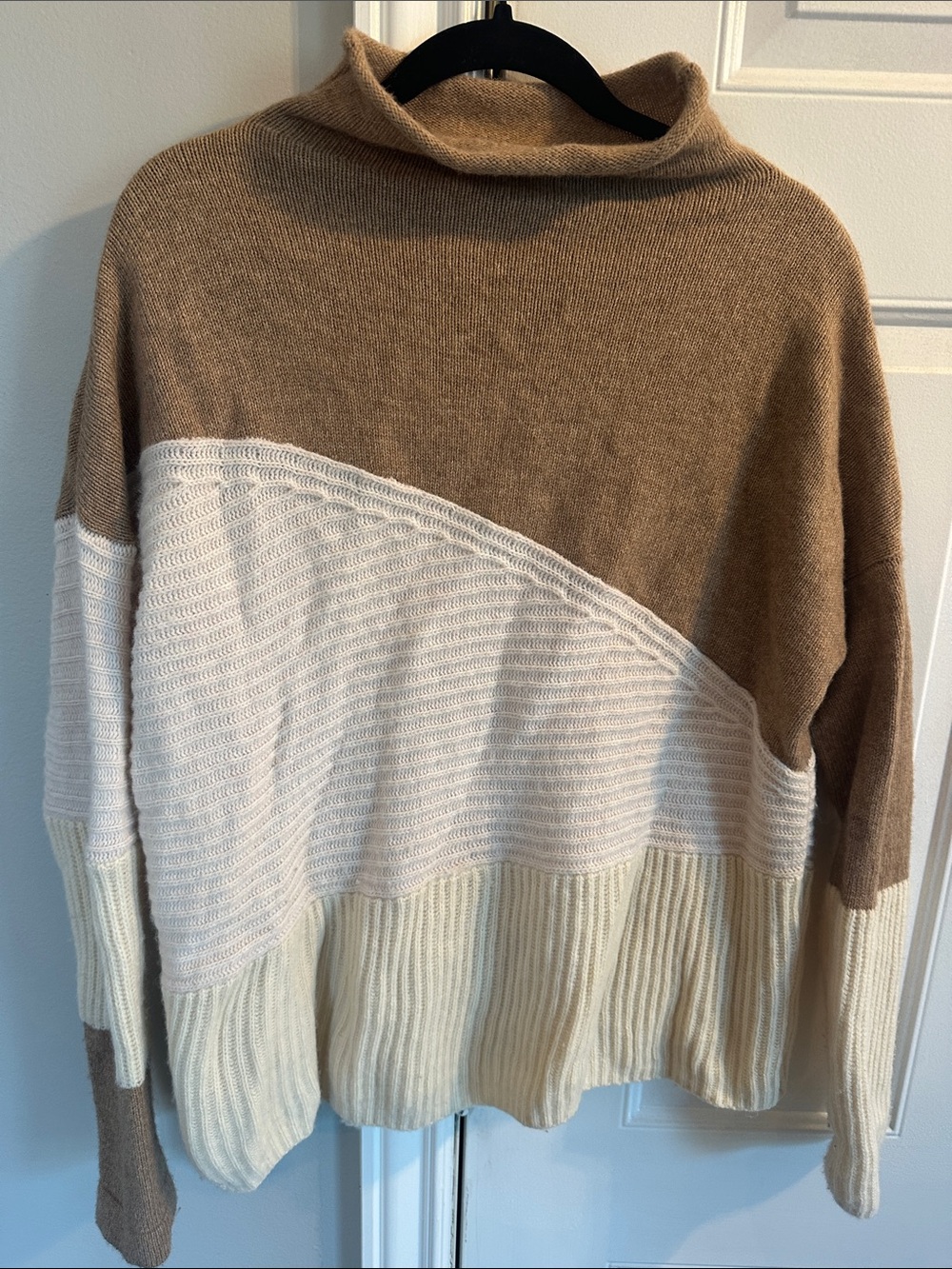 French Connection Two-Tone Cowlneck Sweater in Camel and Cream